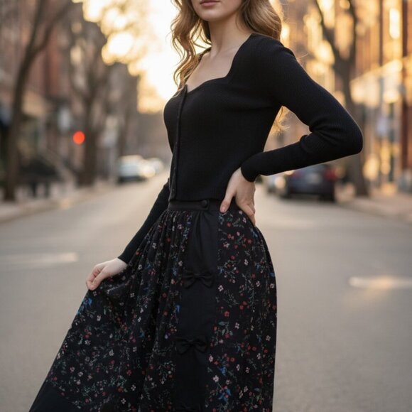 Unique Vintage Black Floral Print Midi Skirt Size M - Picture 8 of 11